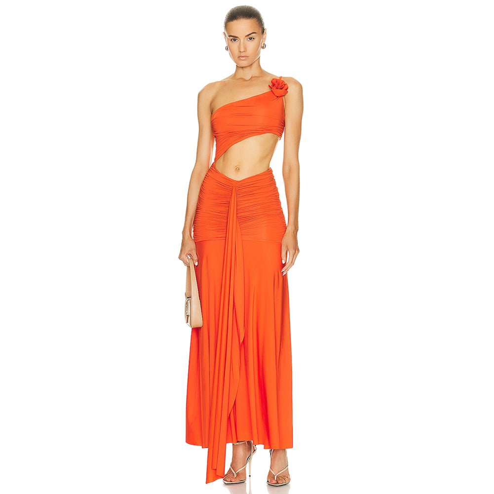 One Shoulder Ornamental Flower Maxi Bodycon Dress