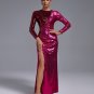 Ruched Sequined High Slit Maxi Dress