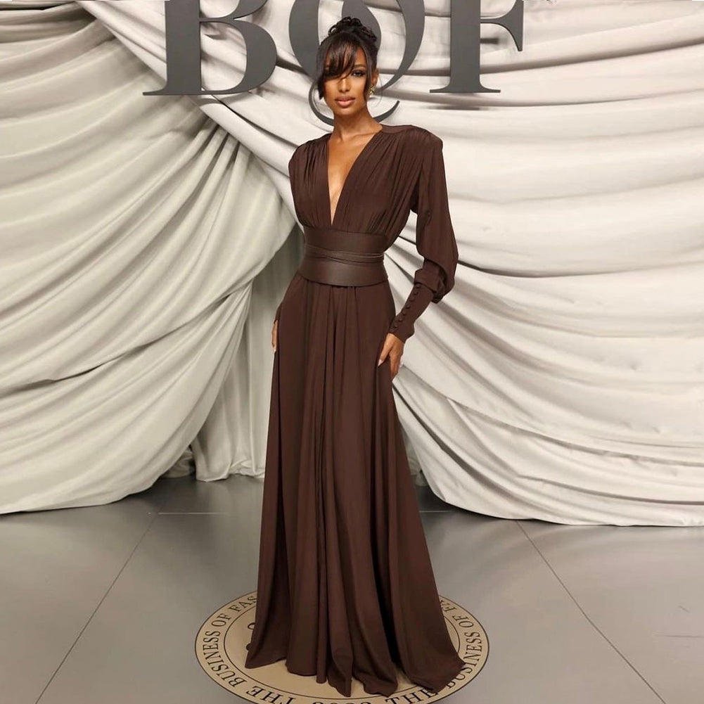 V Neck Long Sleeve Pure Color Maxi Dress
