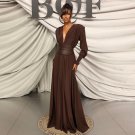 V Neck Long Sleeve Pure Color Maxi Dress