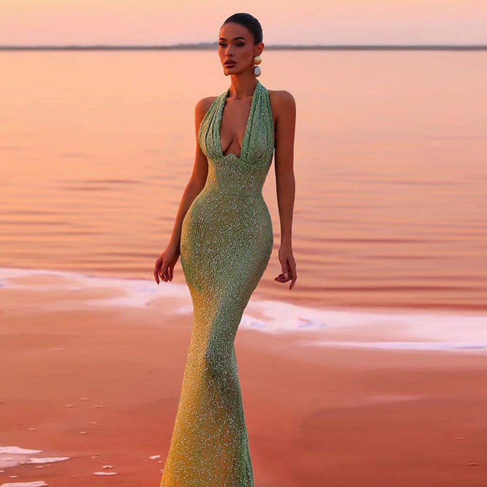 Halter Sleeveless Sequins Maxi Dress