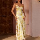 V-neck Metallic Print Backless Slip Maxi Dress