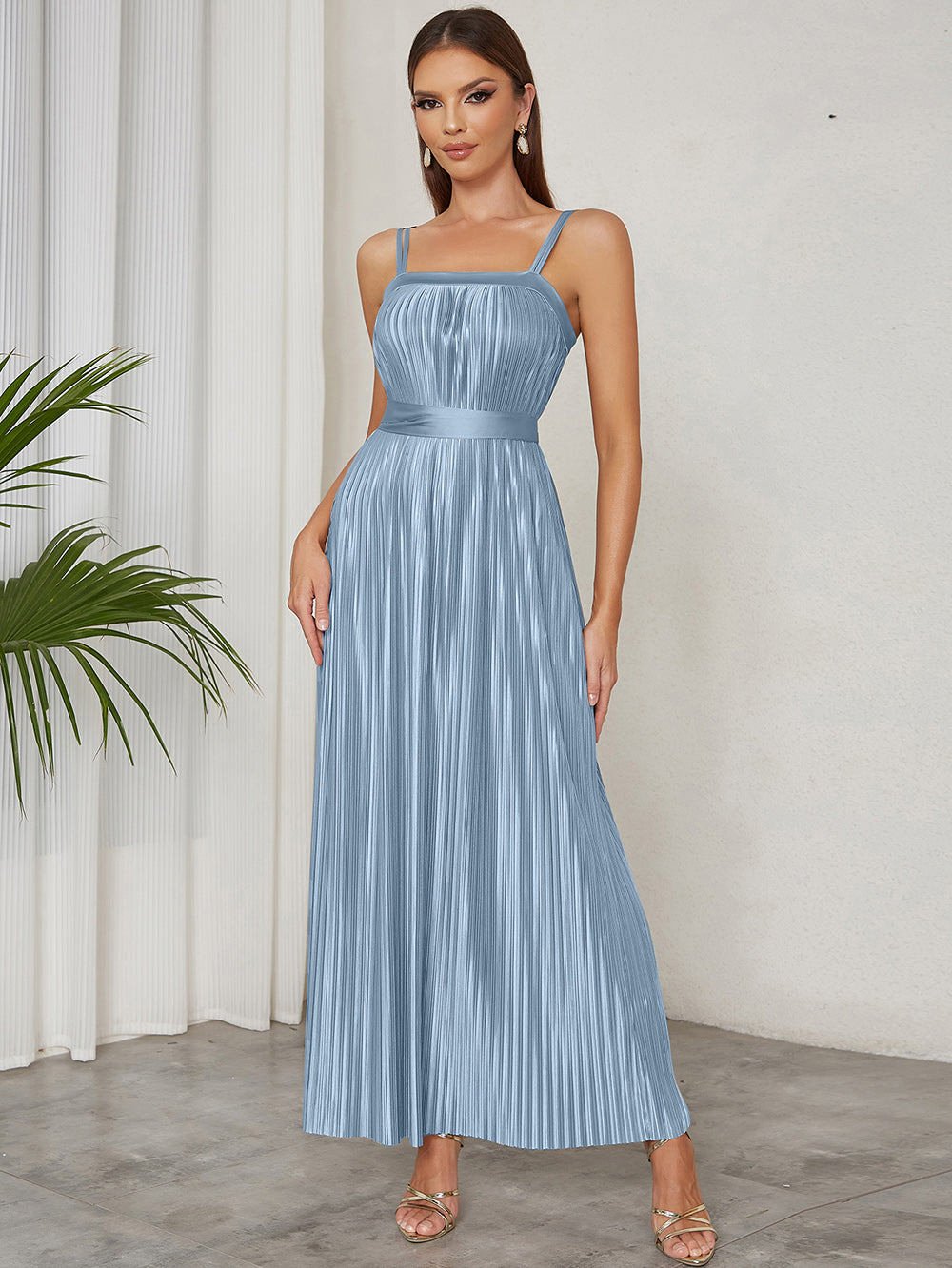 Strappy Sleeveless Pleated Maxi Bodycon Dress