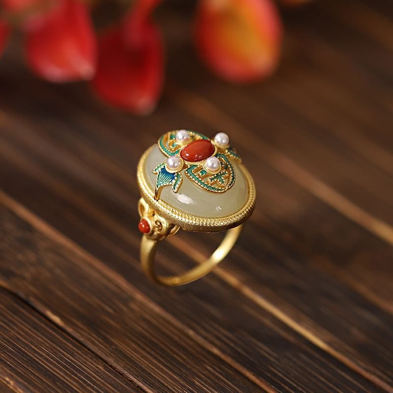 Cloisonne Enamel Natural Agate/Nephrit/Shell Pearl Silver Adjustable Ring