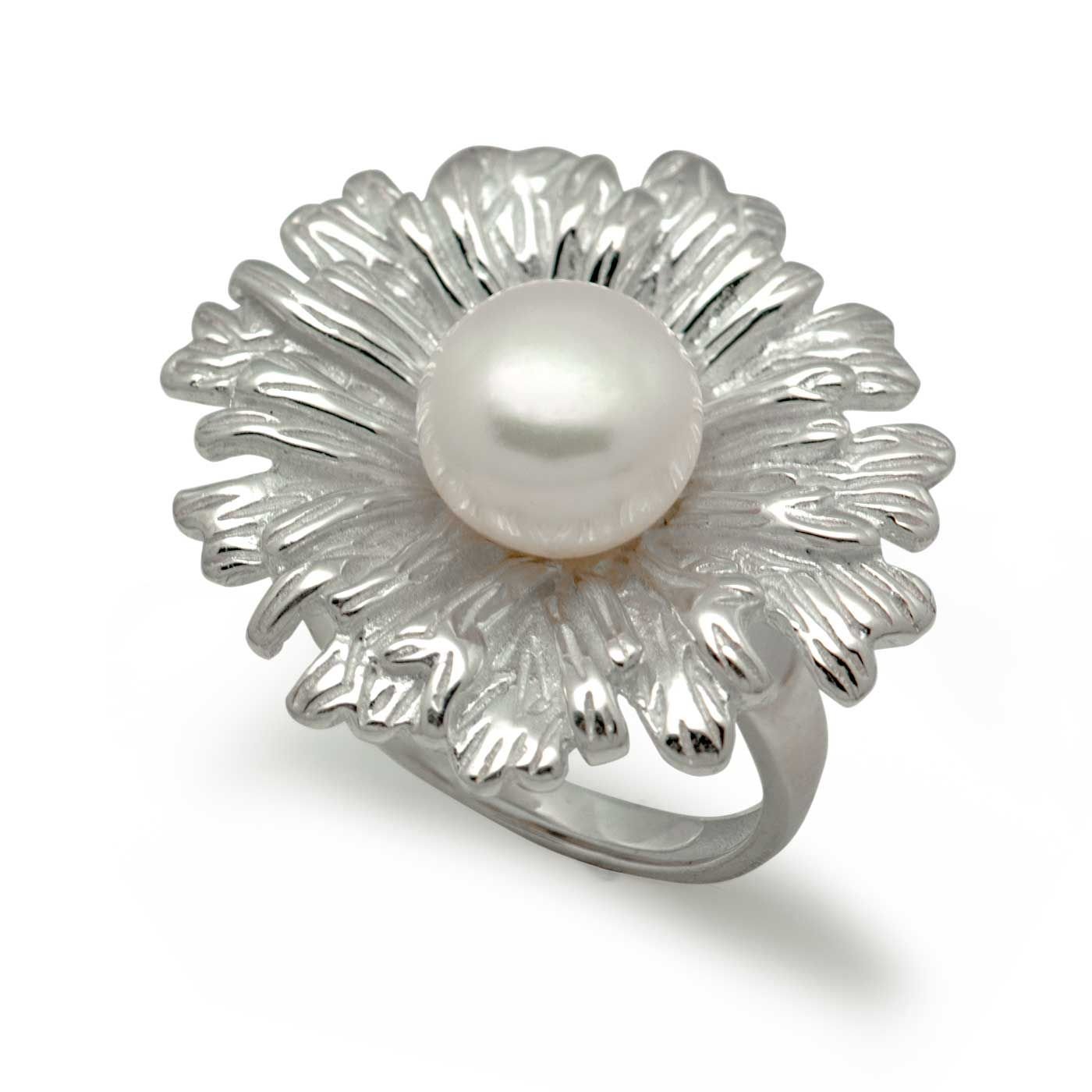 Blooming Flower925 Sterling Silver Natural White Pearl Adjustable Ring