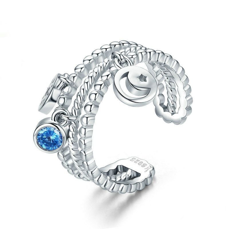 Twisted Blue Cubic Zirconia 925 Silver Adjustable Blessing Ring