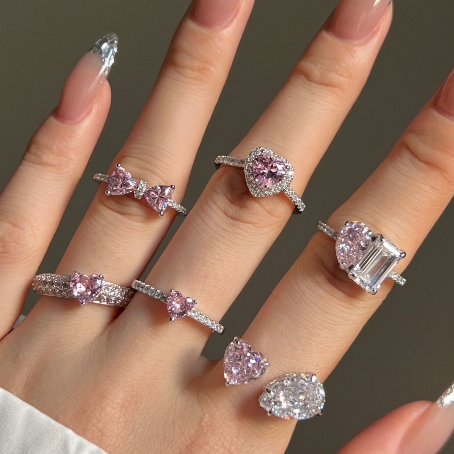 Pink 8A Cubic Zirconia Heart Bow-Knot 925 Sterling Silver Adjustable Ring