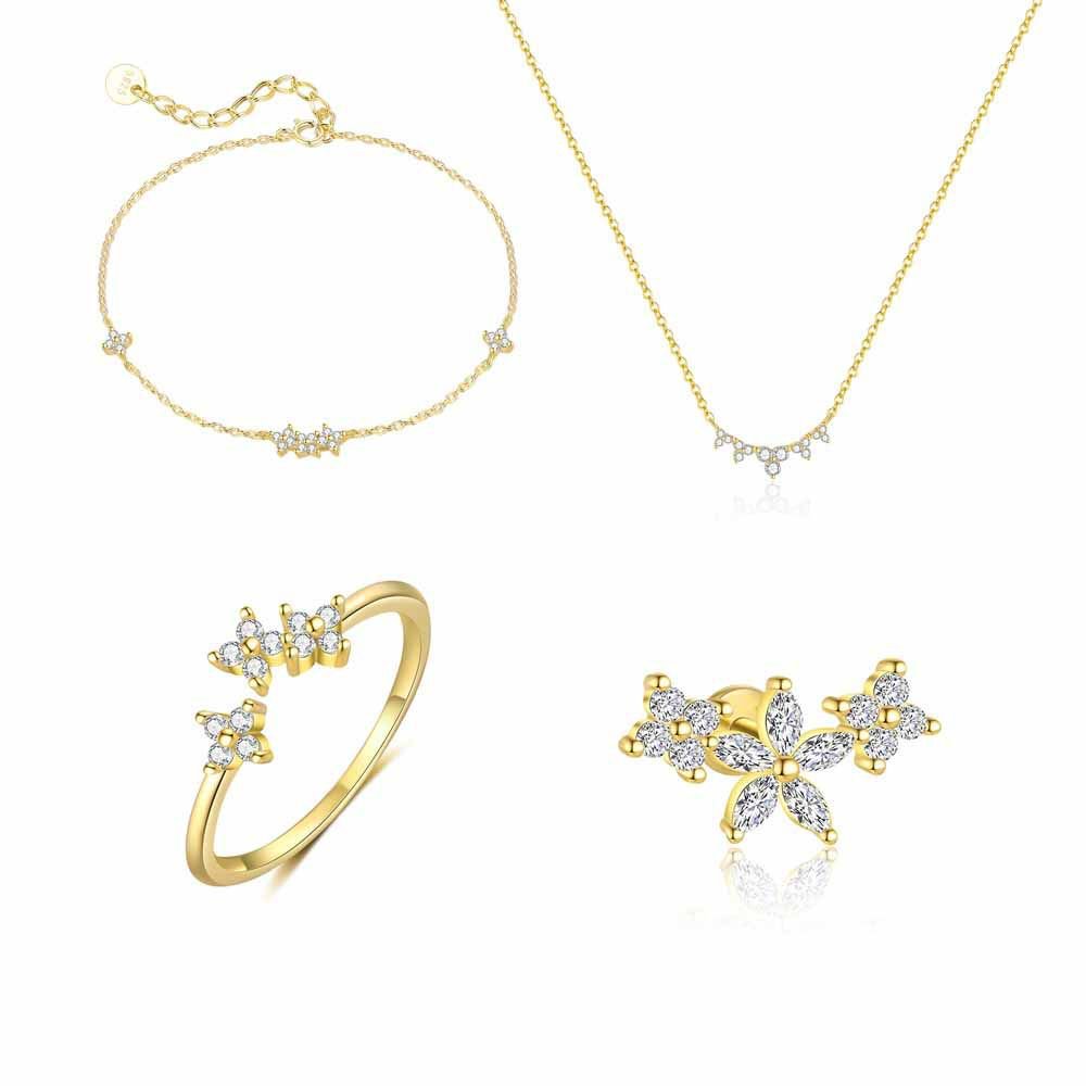 CZ Flowers 925 Sterling Silver Stud Earring Adjustable Ring Necklace Bracelet