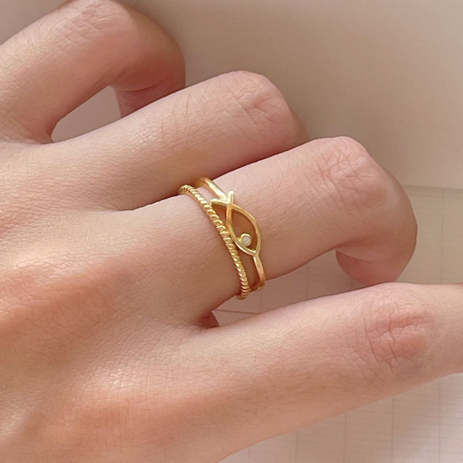 Double Layers Hollow Mini CZ Fish 925 Sterling Silver Twisted Adjustable Ring