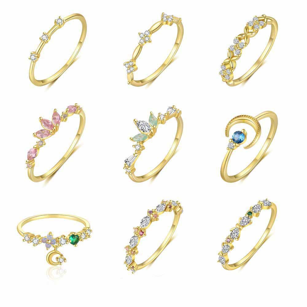 Colorful CZ Crown Crescent Moon Star 925 Sterling Silver Adjustable Ring