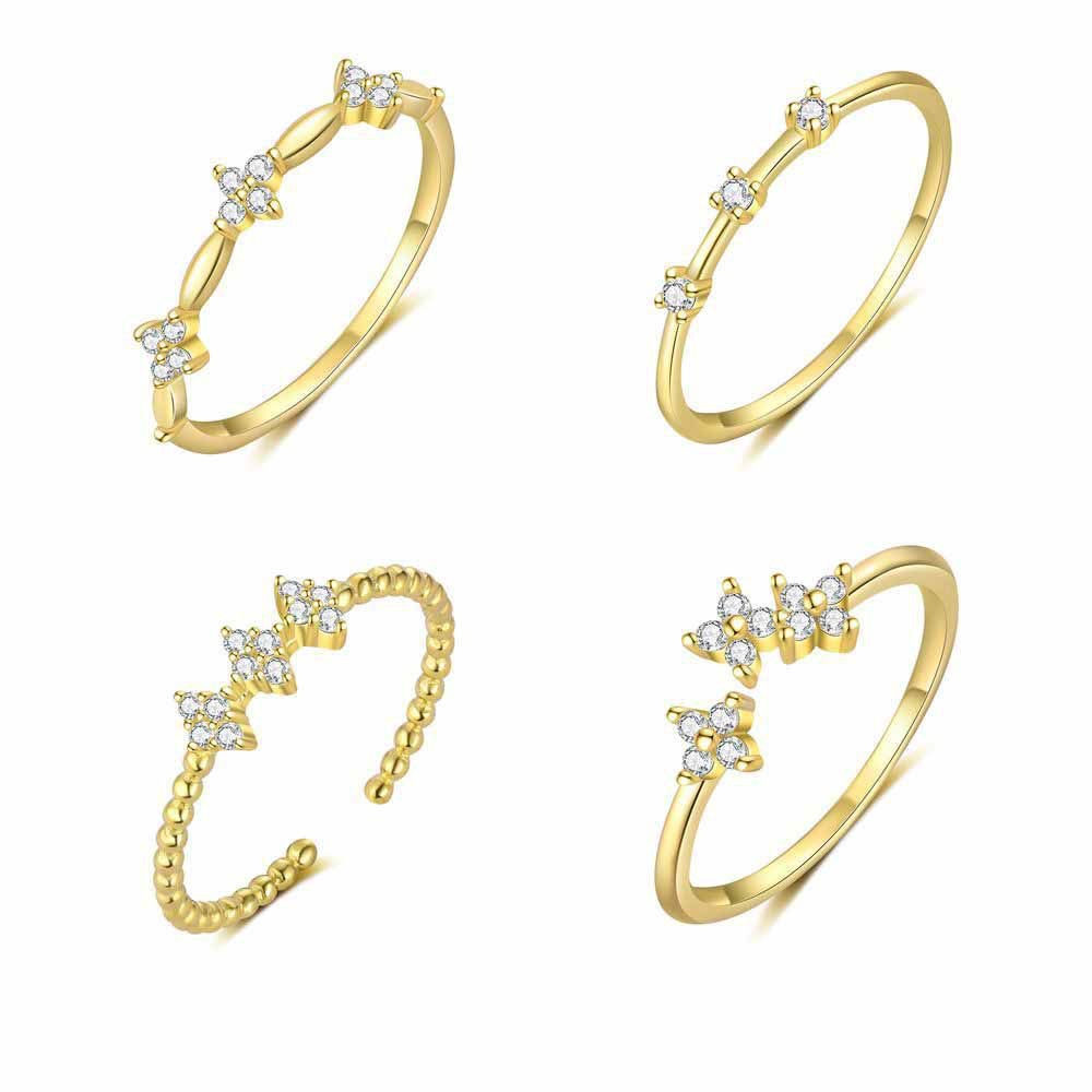 Fashion CZ Four Leaf Clover Flowers 925 Sterling Silver Adjustable Ring