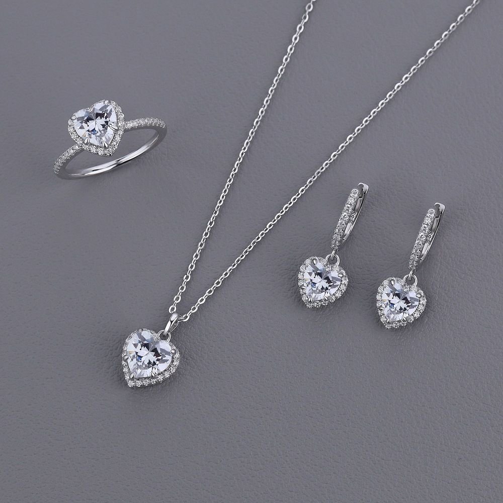Honey Moon Shining CZ Heart Silver Adjustable Ring Earrings Necklace