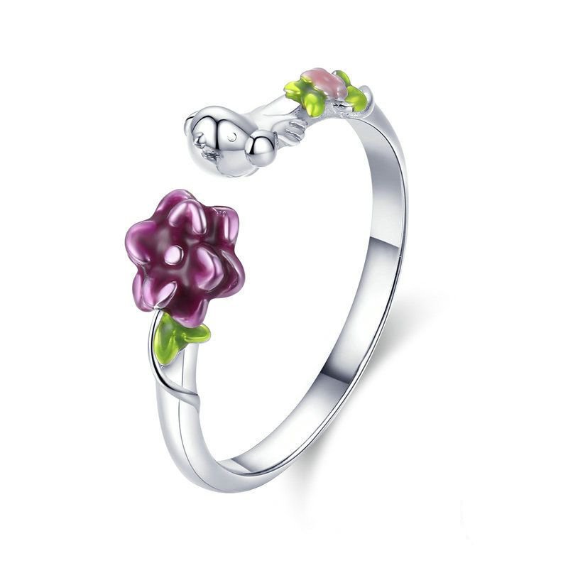 Gorgeous Purple Flower Leaf 925 Sterling Silver Adjustable Ring