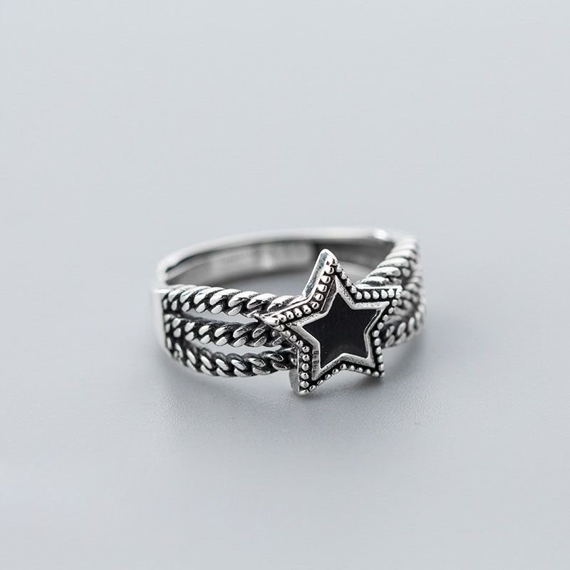 Vintage Black Star Twisted 925 Sterling Adjustable Ring