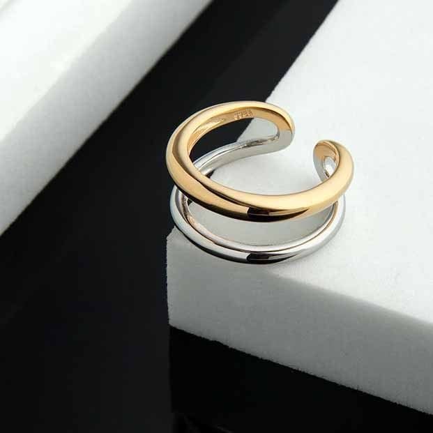 Irregular Bicolor Double Layer 925 Sterling Silver Adjustable Ring