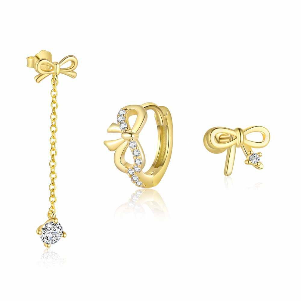 Honey Moon Golden CZ Bow-Knot 925 Sterling Silver Earring