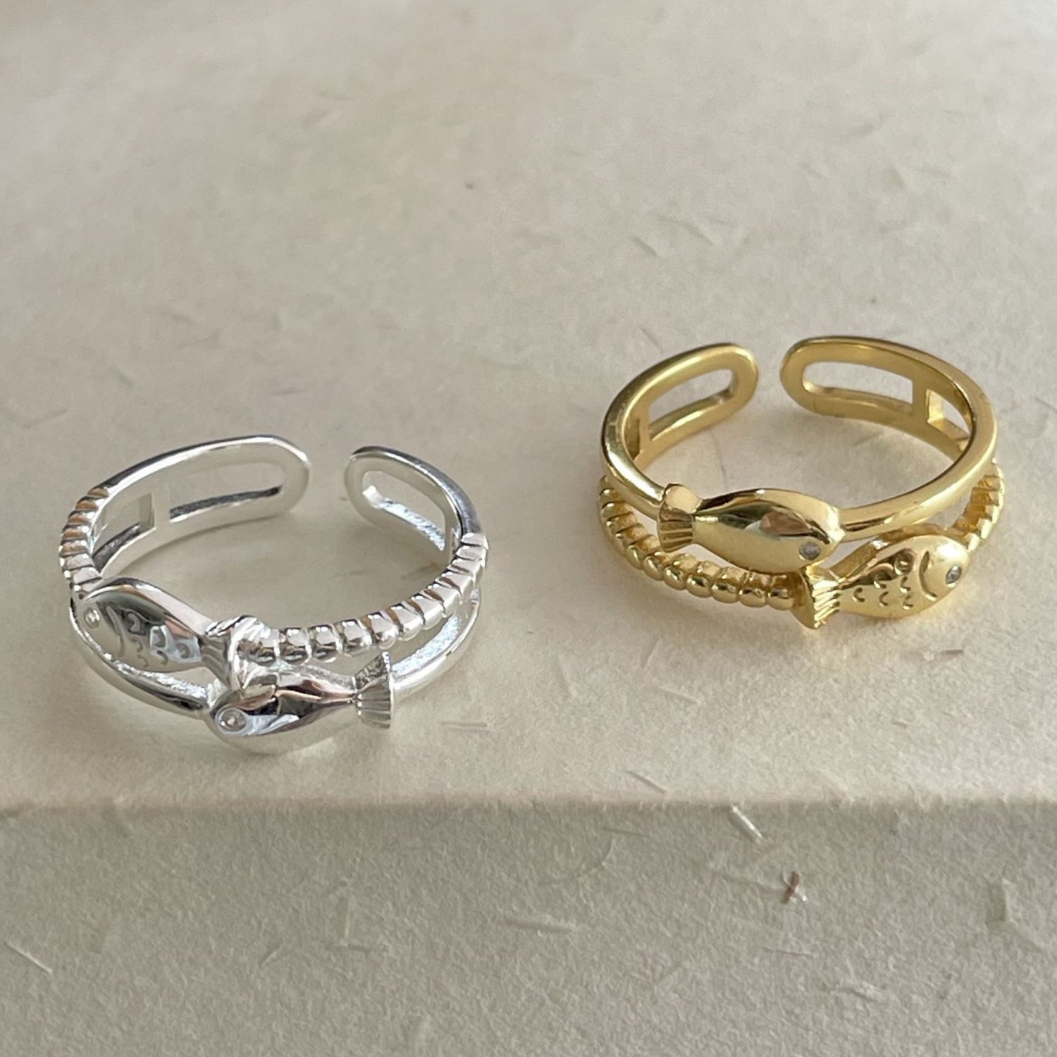 Double Layers Two CZ Fish 925 Sterling Silver Adjustable Ring