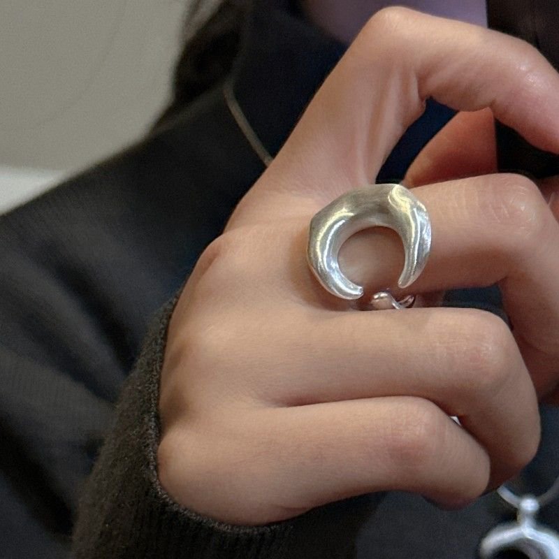 Fashion Matte Irregular Crescent Moon 925 Sterling Silver Adjustable Ring