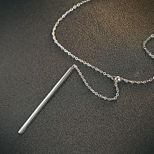 Single Long Cube Elegant Solid 925 Sterling Silver Sweater Chain Necklace (70cm)