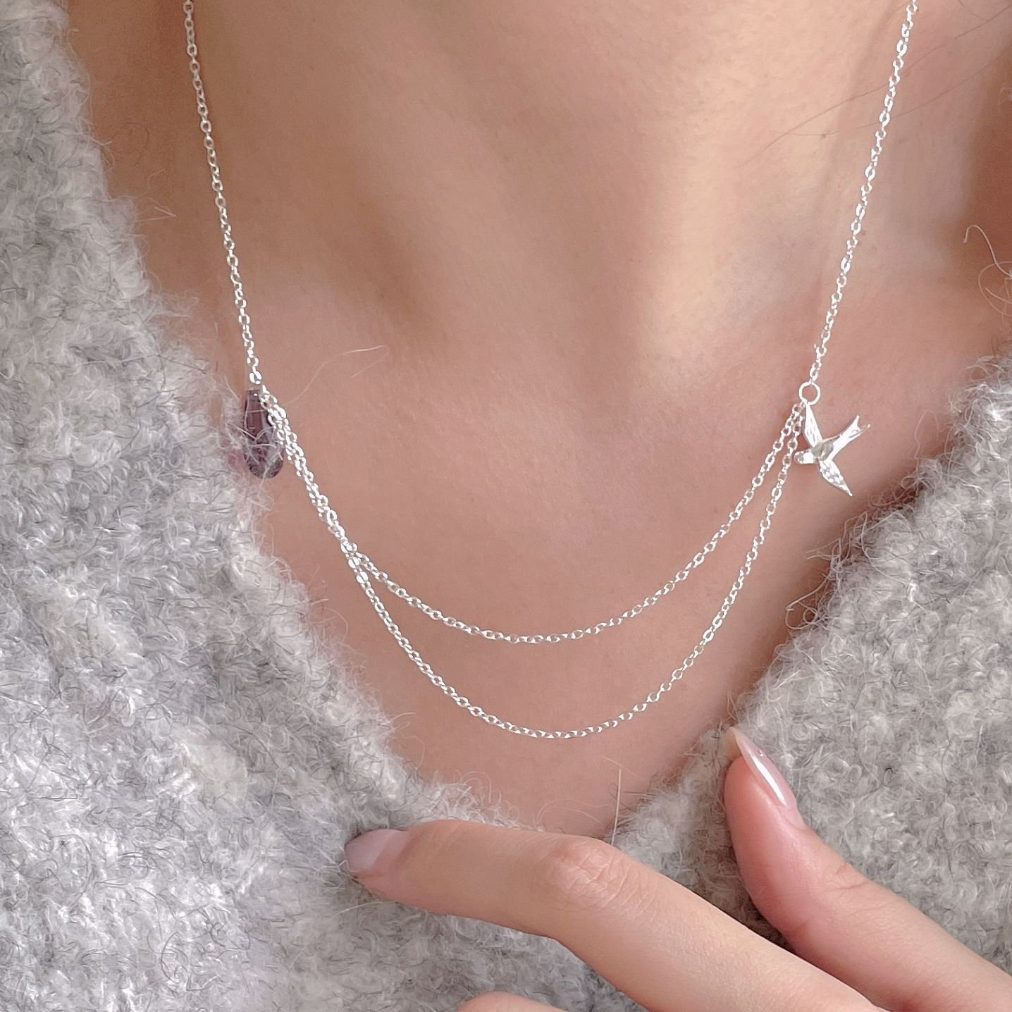 Holiday Double Layers Flying Swallow Bird Fruit 925 Sterling Silver Necklace