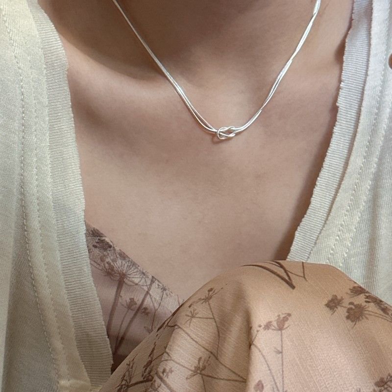 Minimalism Double Layers Knot 925 Sterling Silver Snake Chain Necklace