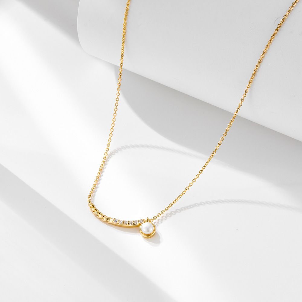 Natural Round Pearl Twisted Chain CZ Smile 925 Sterling Silver Necklace