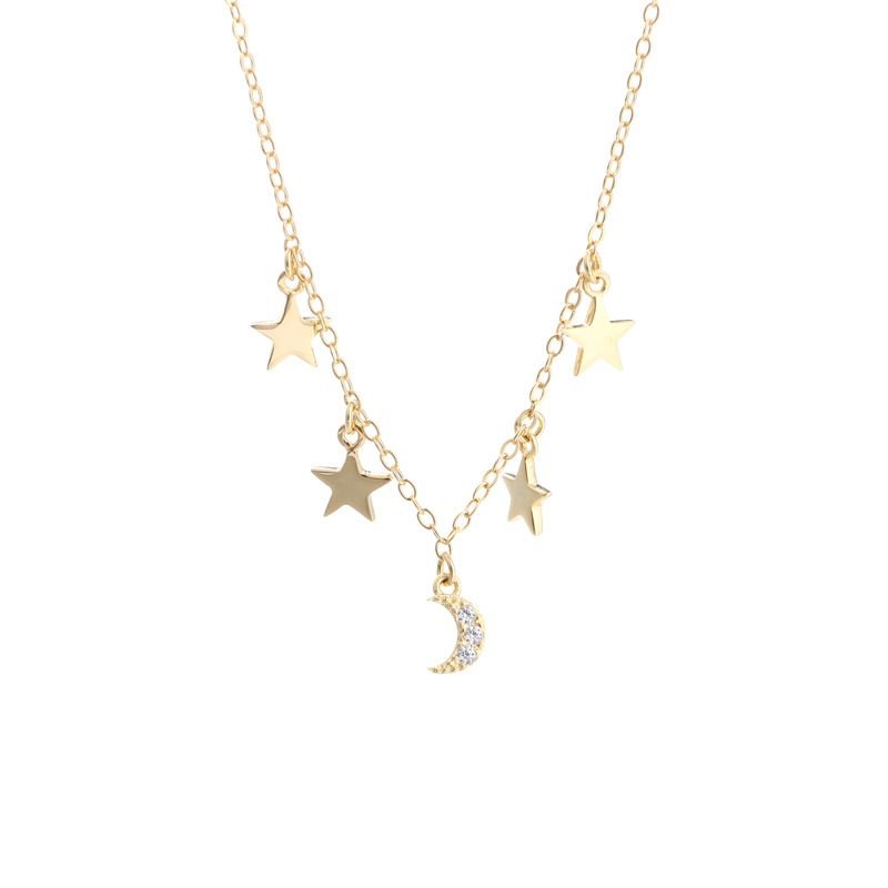 Beautiful CZ Crescent Moon Stars 925 Sterling Silver Necklace
