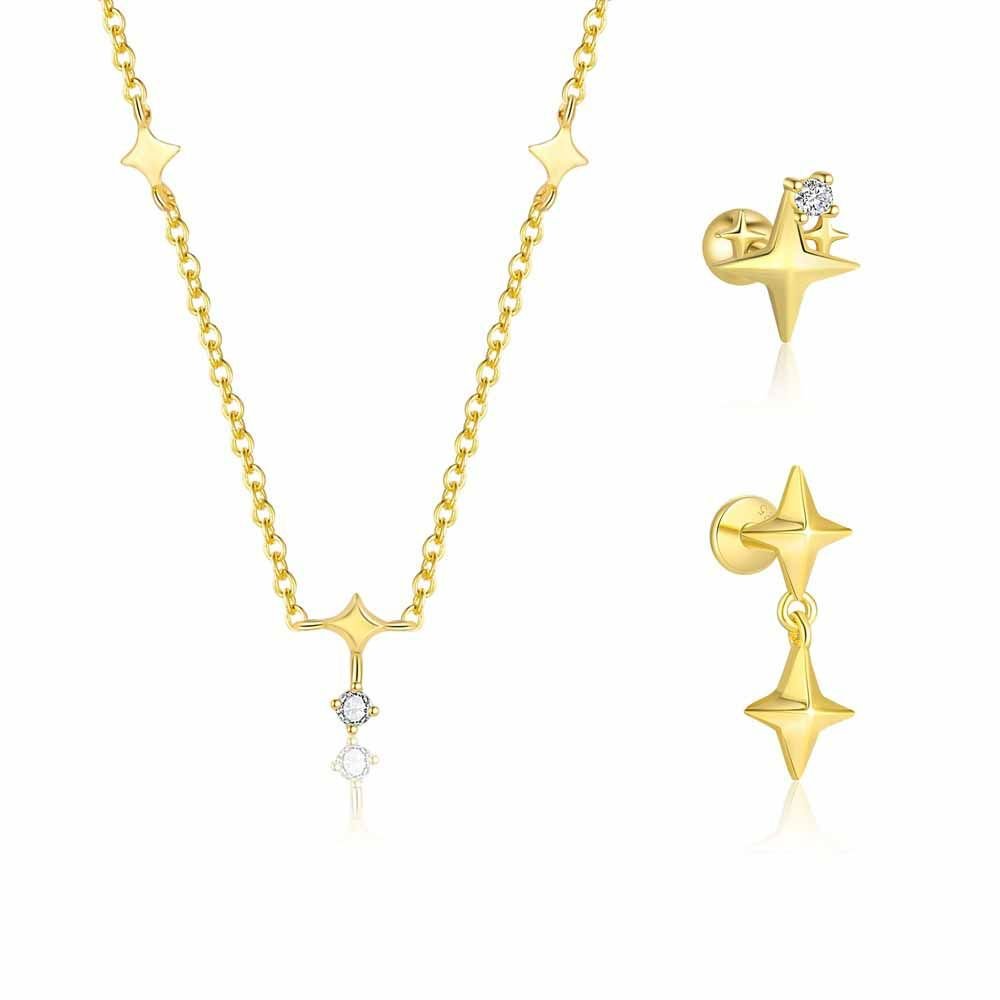 Casual Four Pointed Star 925 Sterling Silver Necklace Earring (Single)