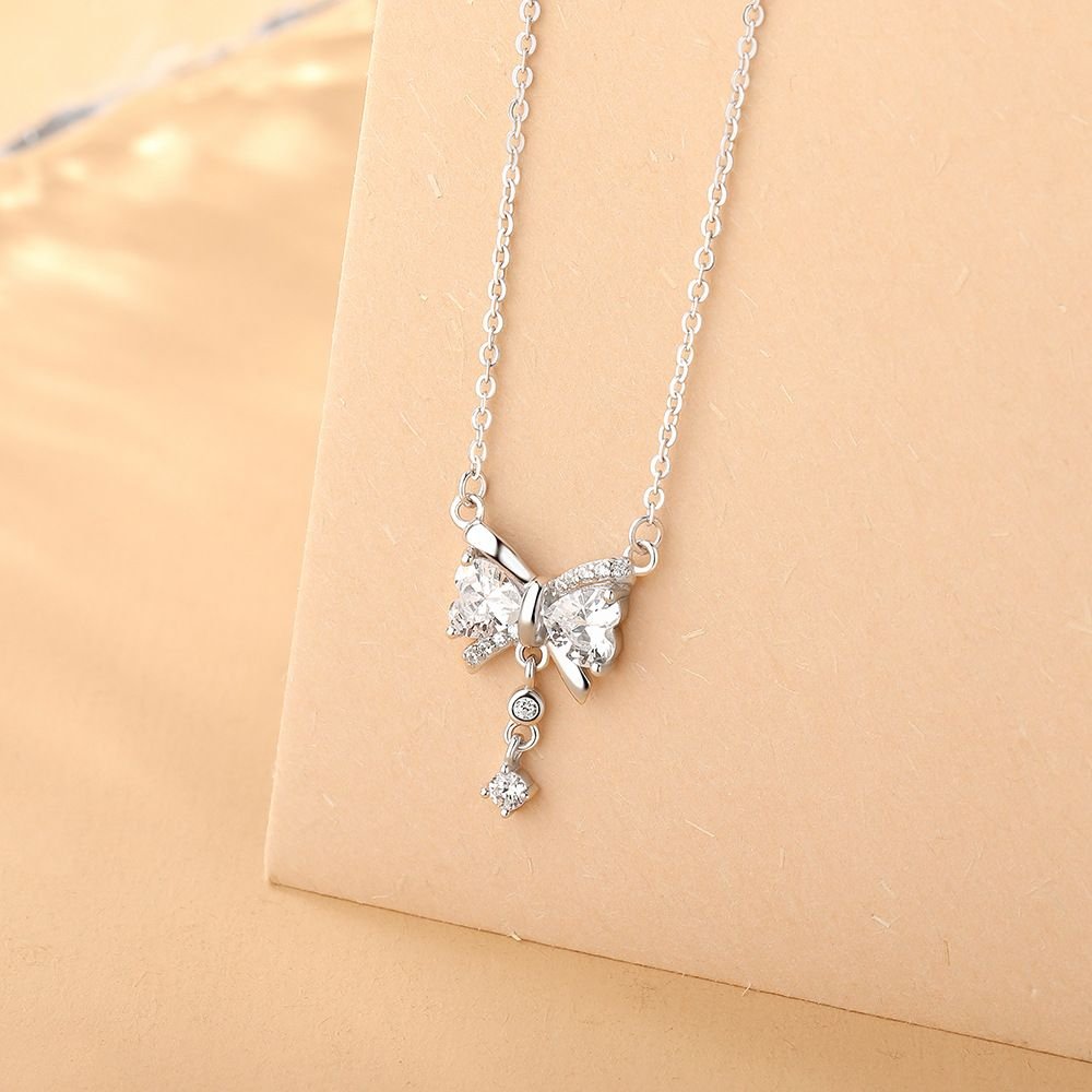 Girl Sweet Shining CZ Bow-Knot 925 Sterling Silver Necklace