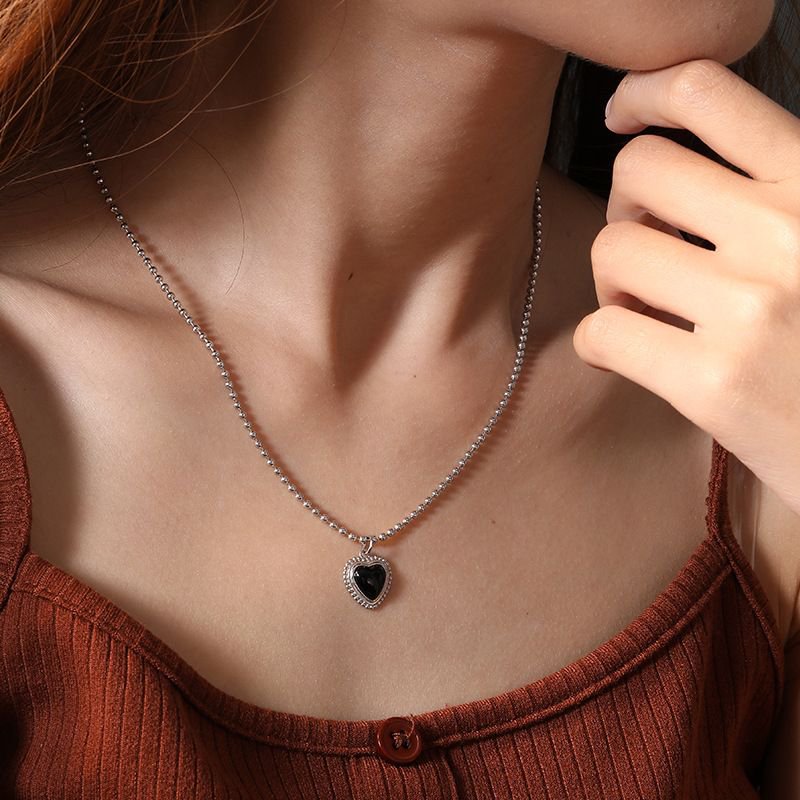 Wedding Black Agate Heart 925 Sterling Silver Necklace