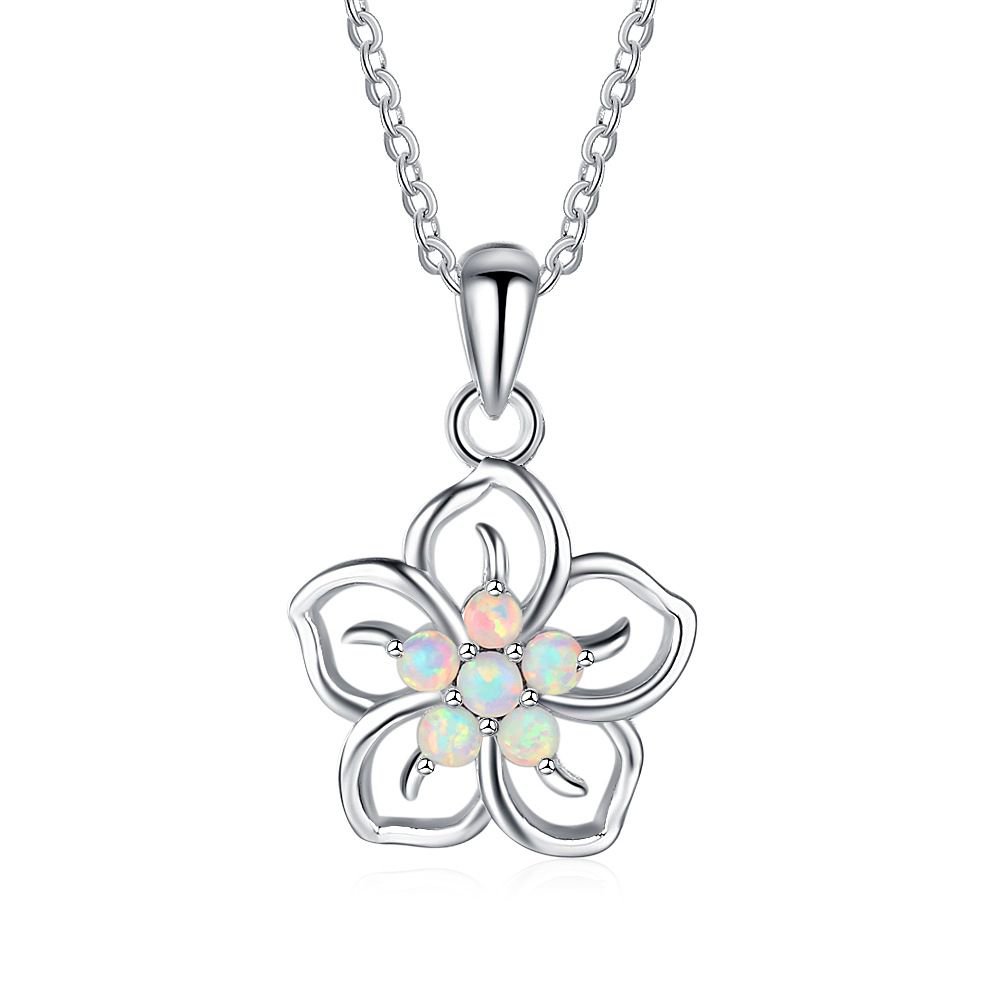 Anniversary Gift White Flower Created Opal 925 Silver Necklace