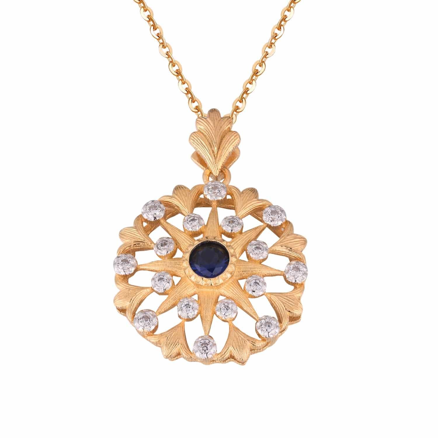 Graduation Created Sapphire Cubic Zirconia Flower 925 Sterling Silver Pendant
