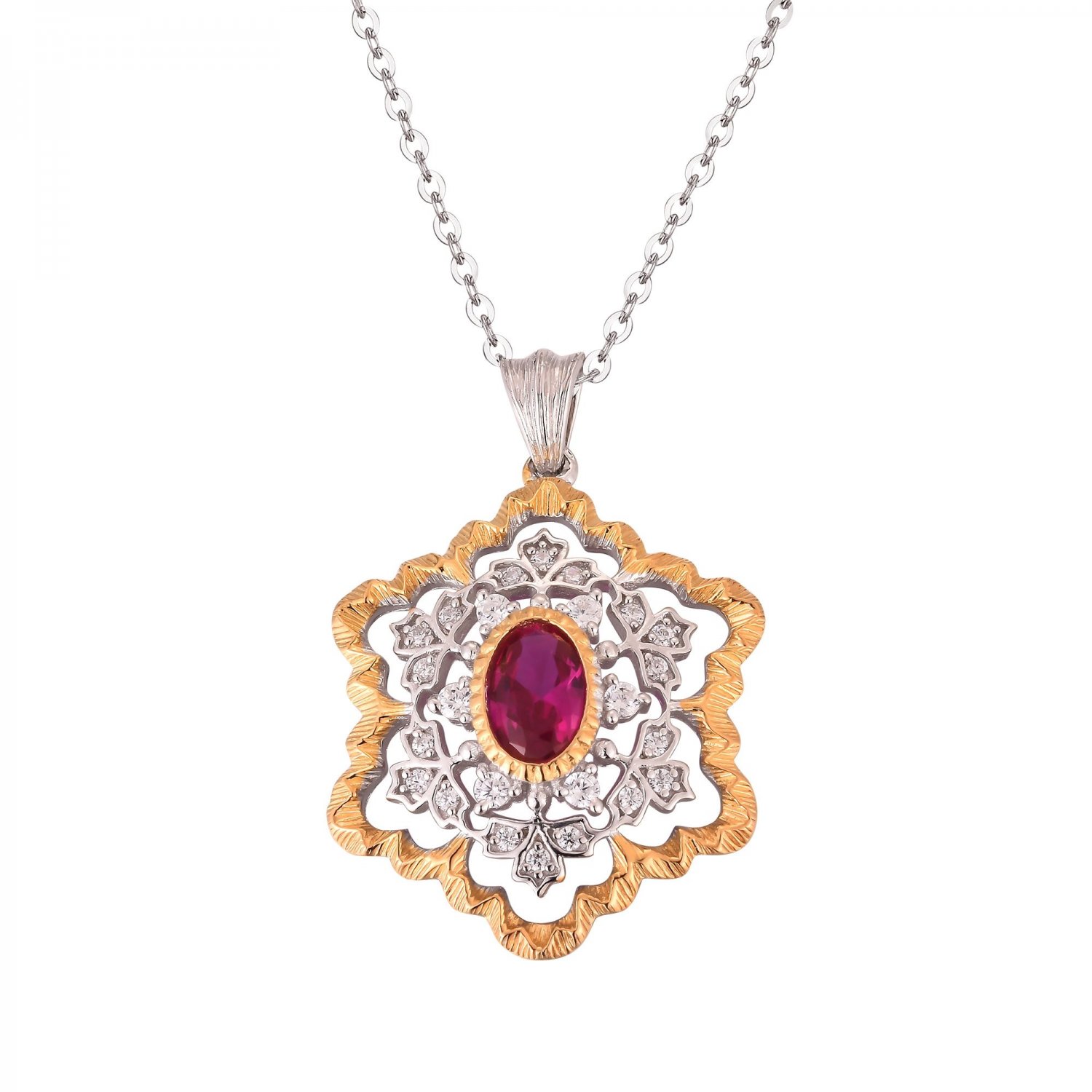 Elegant Created Ruby Cubic Zirconia Snowflake 925 Sterling Silver Pendant