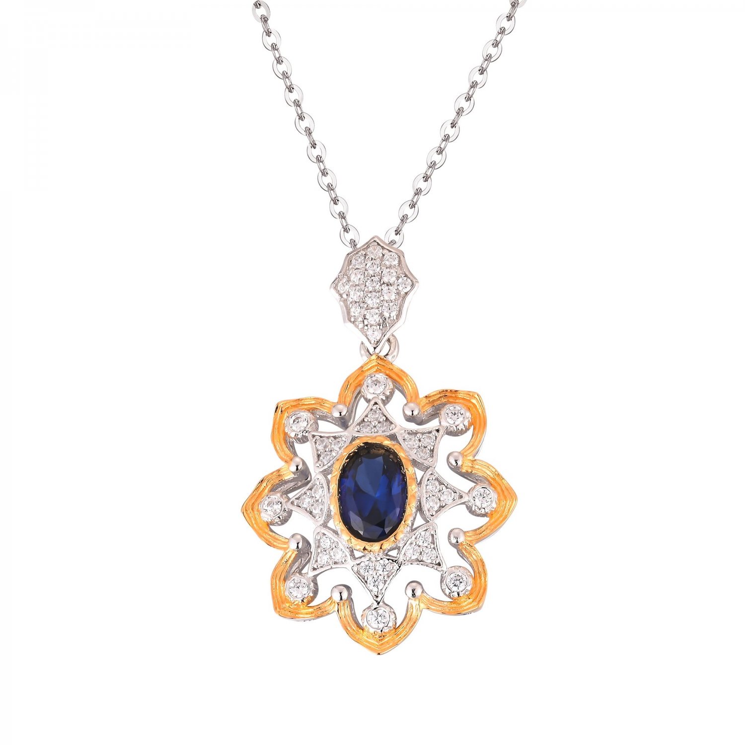 Hot Oval Created Sapphire Cubic Zirconia Flower 925 Sterling Silver Pendant
