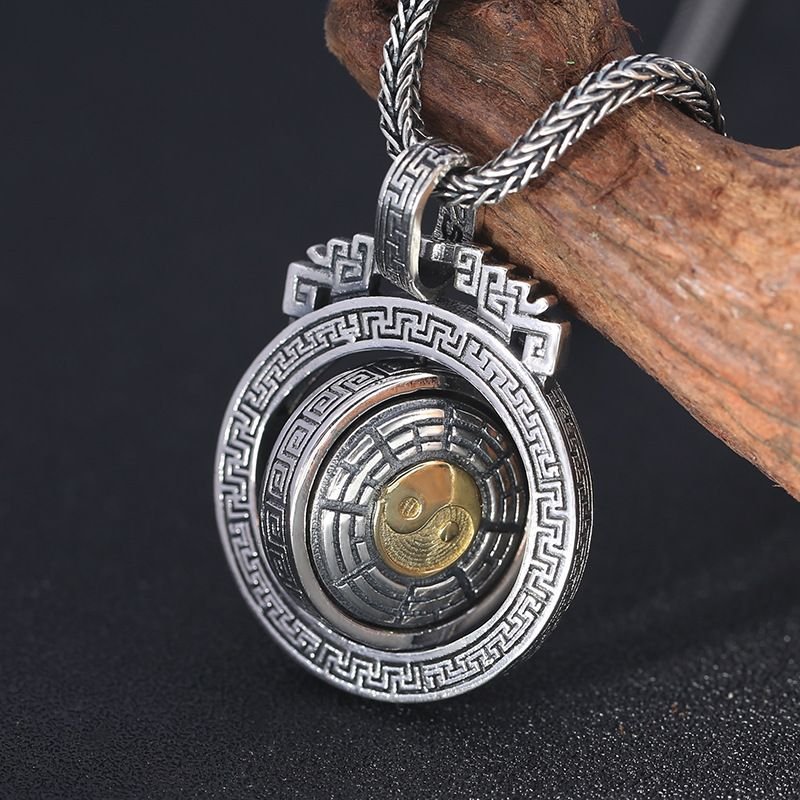 Vintage Turning Round Taichi Gossip Solid 925 Silver Pendant
