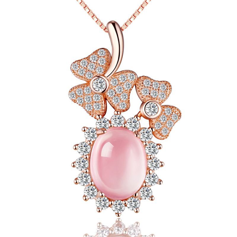 Sunflower Three-Leaf Clover Rose Quartz 925 Sterling Silver Pendant