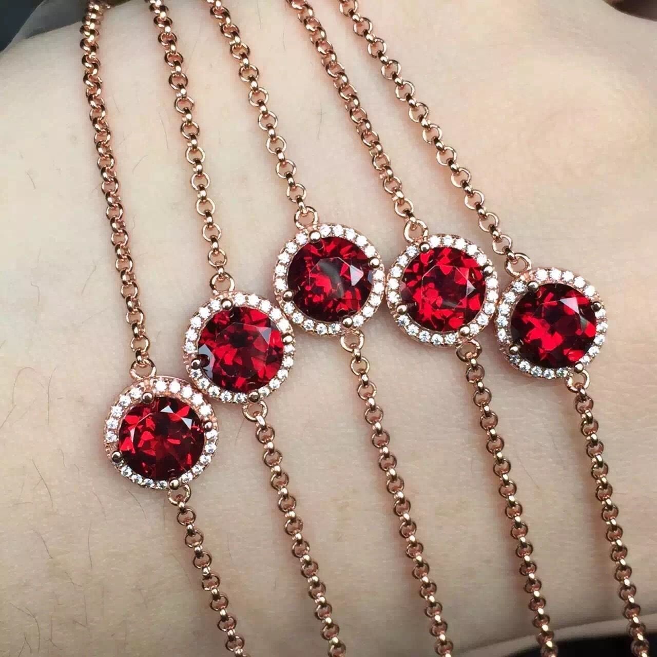 Natural Genuine Red Garnet Micro Setting 925 Sterling Silver Bracelet