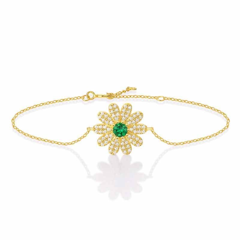 Created Emerald Golden CZ Sunflower 925 Sterling Silver Bracelet