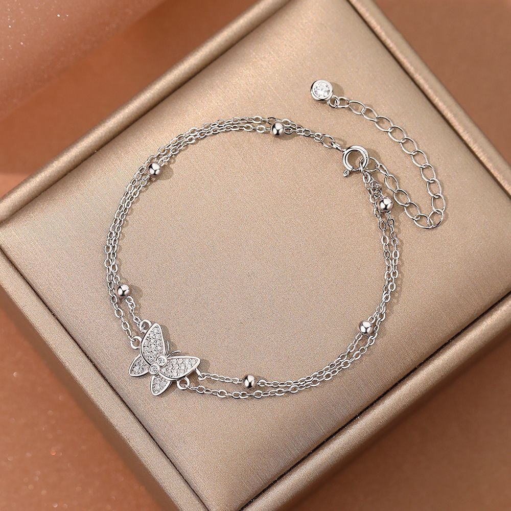 Women Double Layers Micro Setting CZ Butterful 925 Sterling Silver Bracelet