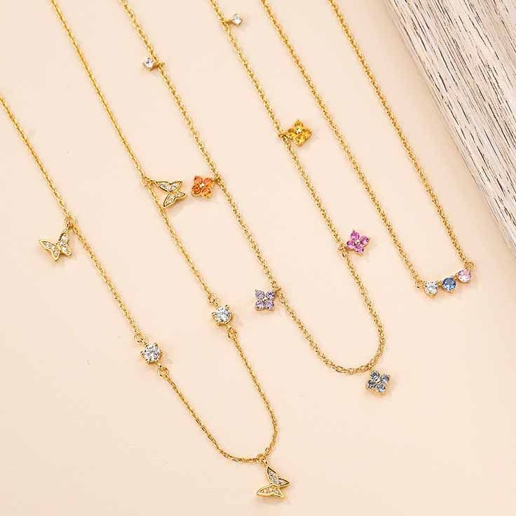 Colorful CZ Four Leaf Clover Flying Butterfly Silver Necklace Bracelet