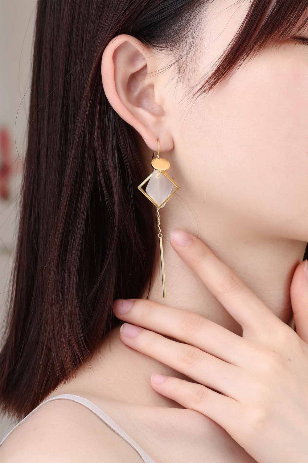 White Cat's Eye 925 Sterling Silver Dangling Hook Gold Earrings
