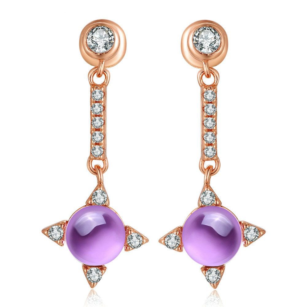 Flower Oval Genuine Amethyst Cubic Zirconia 925 Silver Rose Gold Earrings