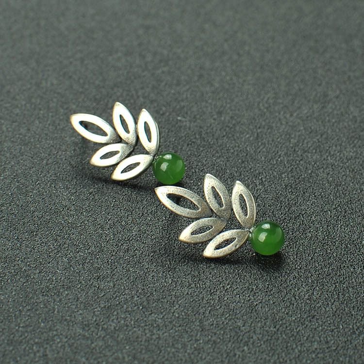 Natural Green Jasper 925 Sterling Silver Hollow Leaf Stud Earrings