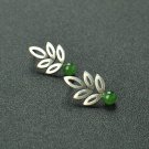 Natural Green Jasper 925 Sterling Silver Hollow Leaf Stud Earrings