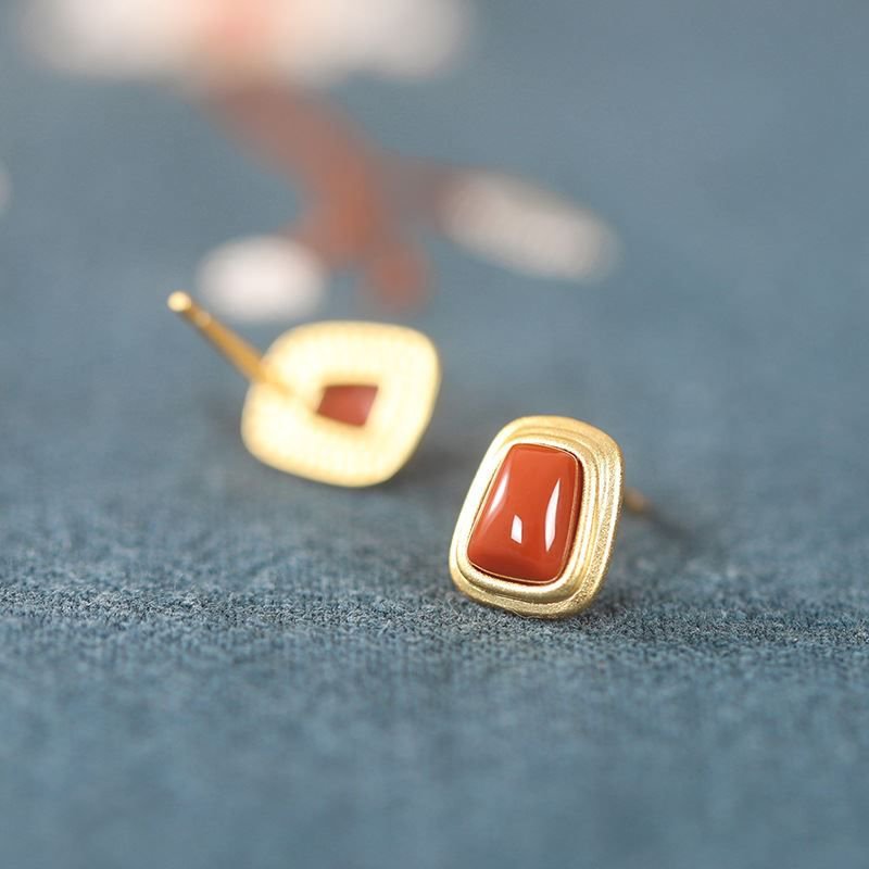 Geometry Red Natural Agate 925 Sterling Silver Stud Earrings