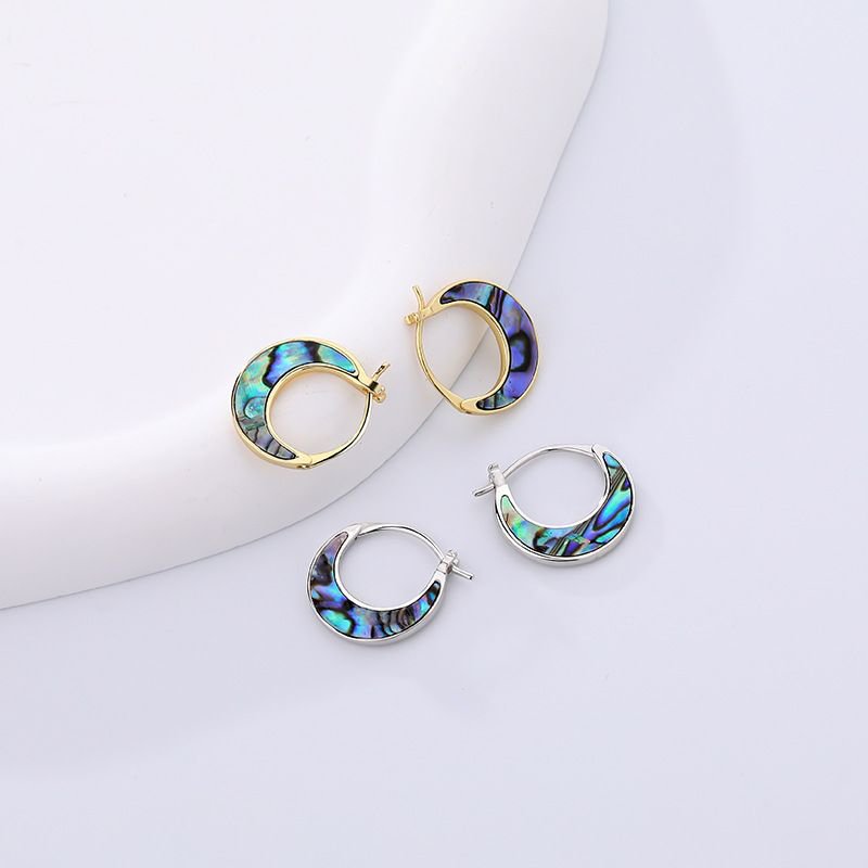 Abalone Shell Crescent Moon Circle  Created Turquoise Silver Hoop Earrings