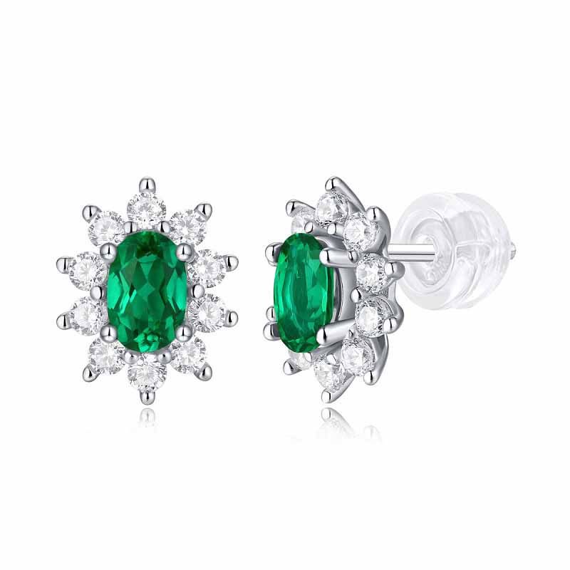 Oval Created Emerald CZ Border Sunflowers 925 Sterling Silver Stud Earrings