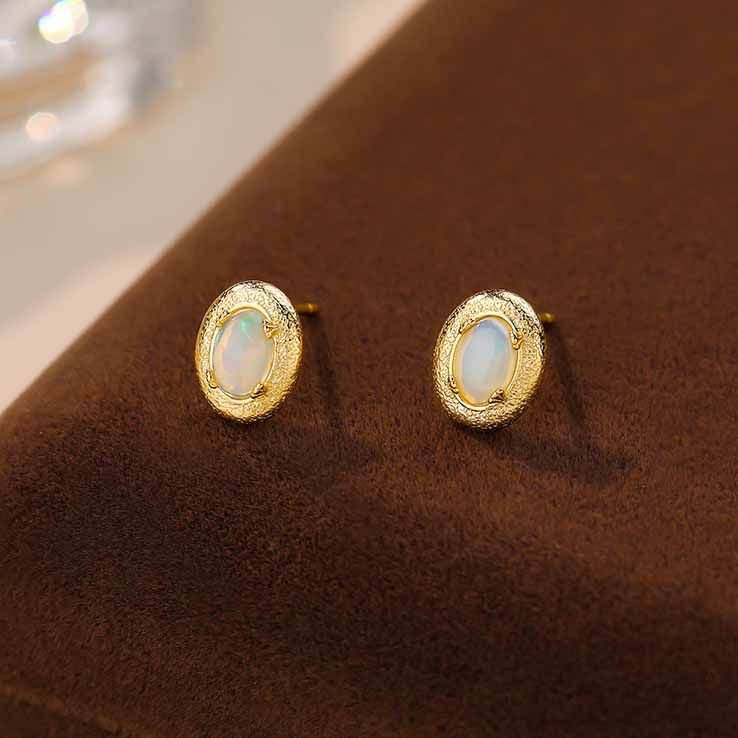 Simple Oval Natural Opal Geometry 925 Sterling Silver Stud Earrings