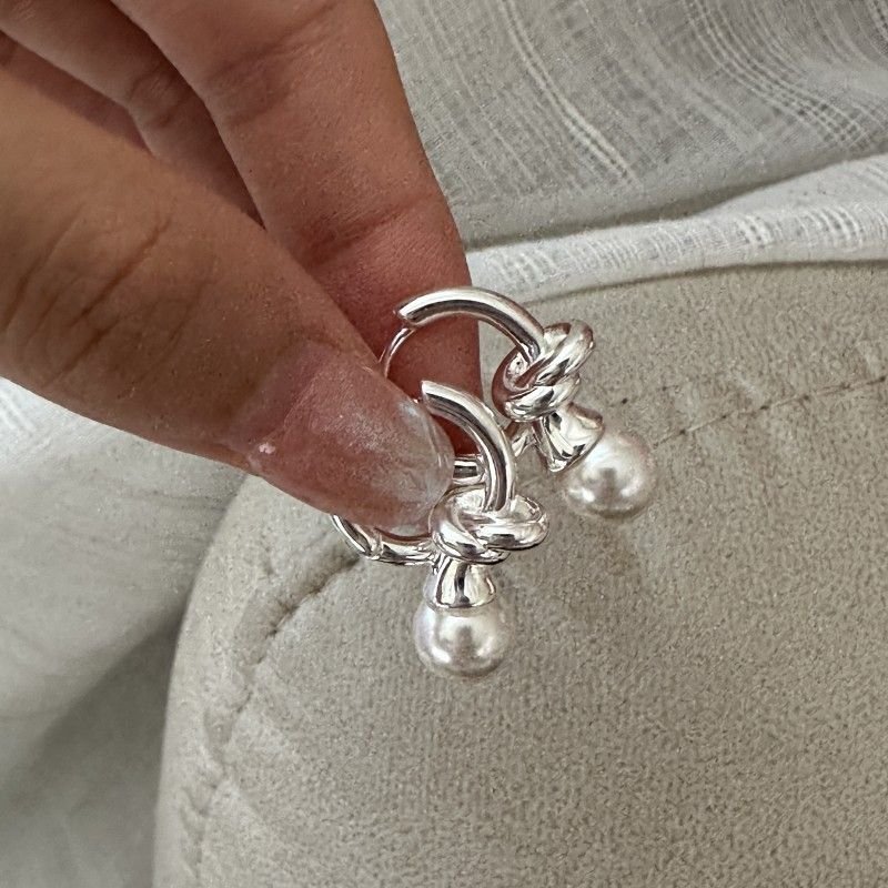 Round Natural Pearls Knot 925 Sterling Silver Leverback Hoop Earrings