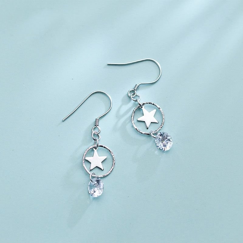 Hollow Star Cubic Zirconia Ring 925 Silver Dangling Earrings